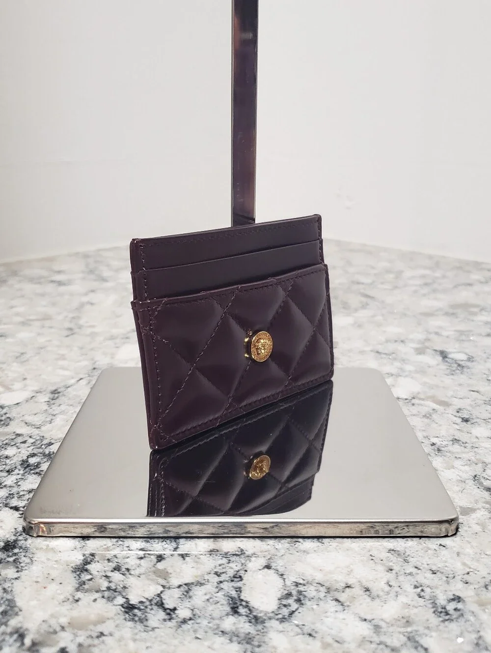 Versace Burgundy Quilted Leather Gold Medusa Card Case Holder NIB